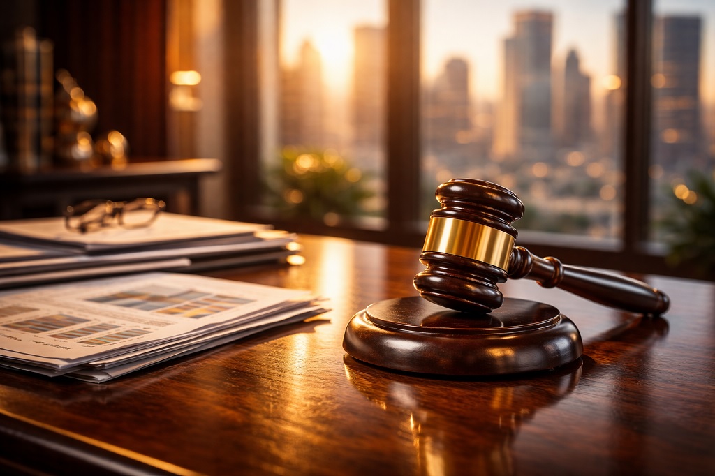 Wooden legal gavel resting on a polished mahogany executive desk, illuminated by warm sunlight, with blurred financial documents and a city skyline in the background.